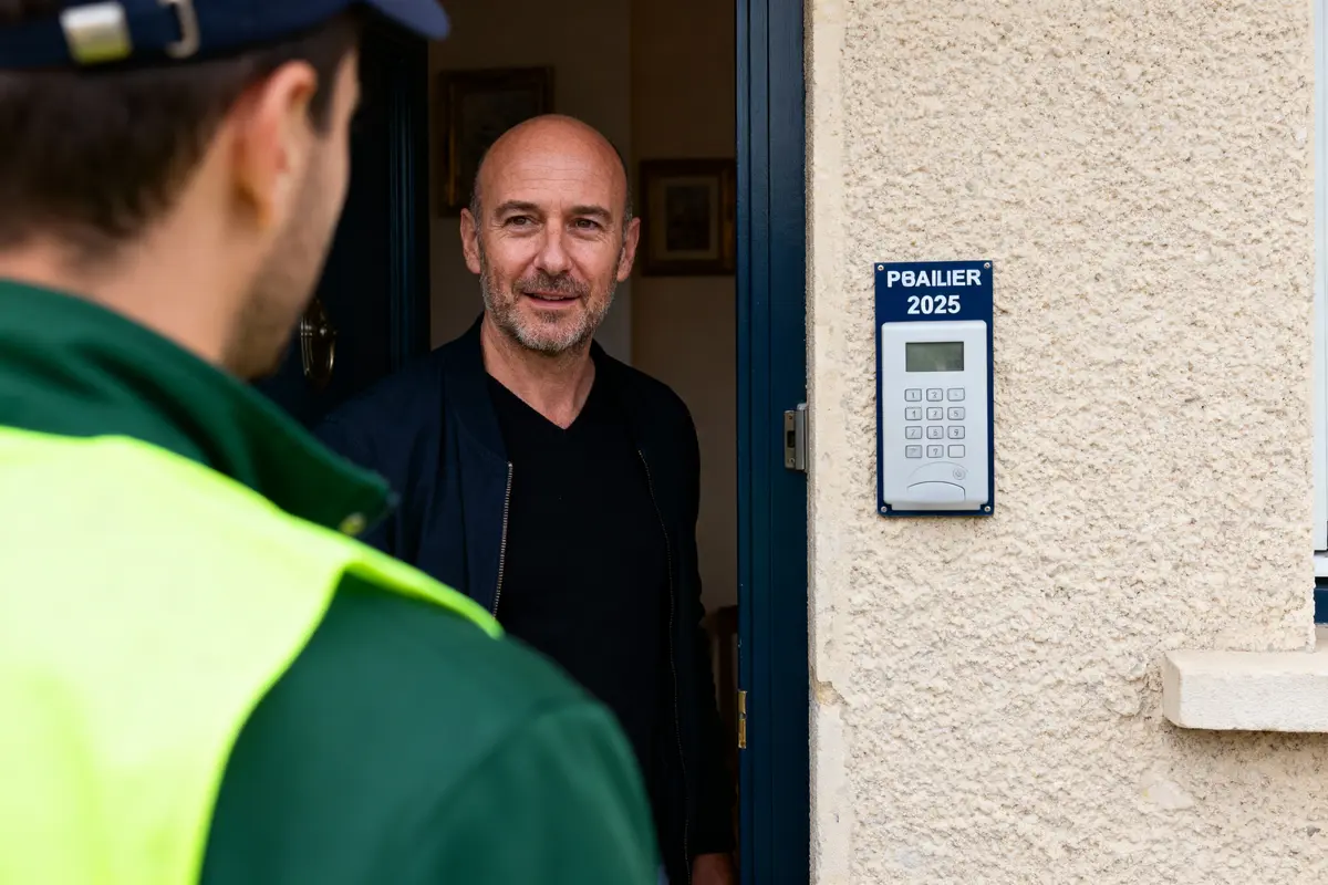 pexels-michal-pech-213601-757318 (1) Un homme ouvre sa porte à une autre personne en uniforme vert. Clavier de sécurité visible.