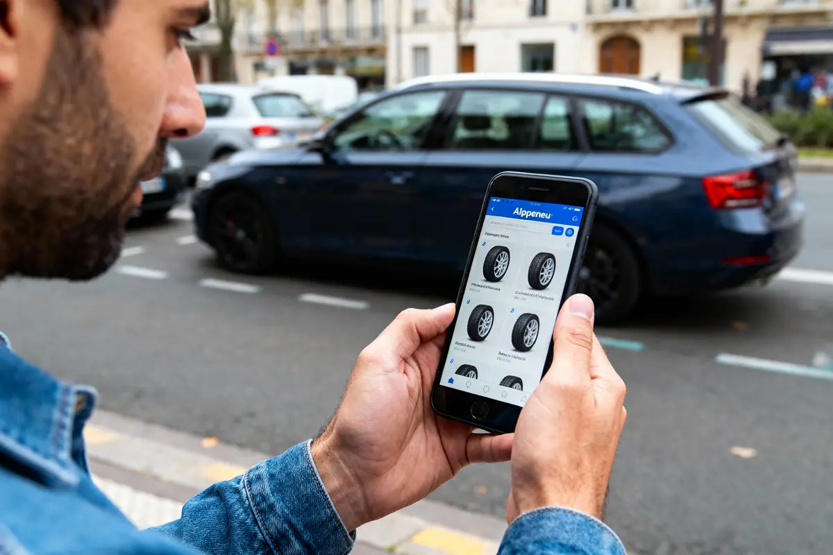 pexels-michal-pech-213601-757318 (1) Homme regardant des pneus sur smartphone, rue avec voitures en arrière-plan.