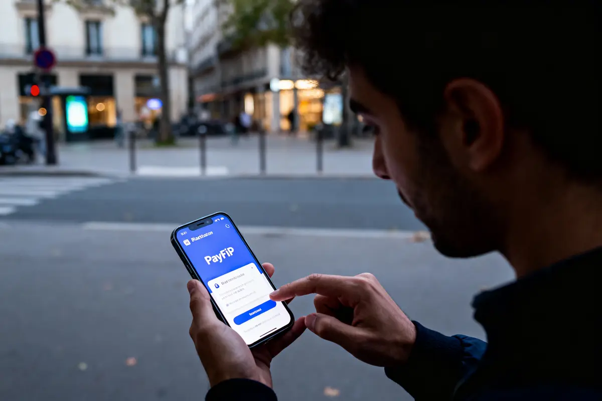 pexels-michal-pech-213601-757318 (1) Homme utilisant l'application PayFiP sur smartphone dans une rue urbaine. Écran lumineux, arrière-plan flou.