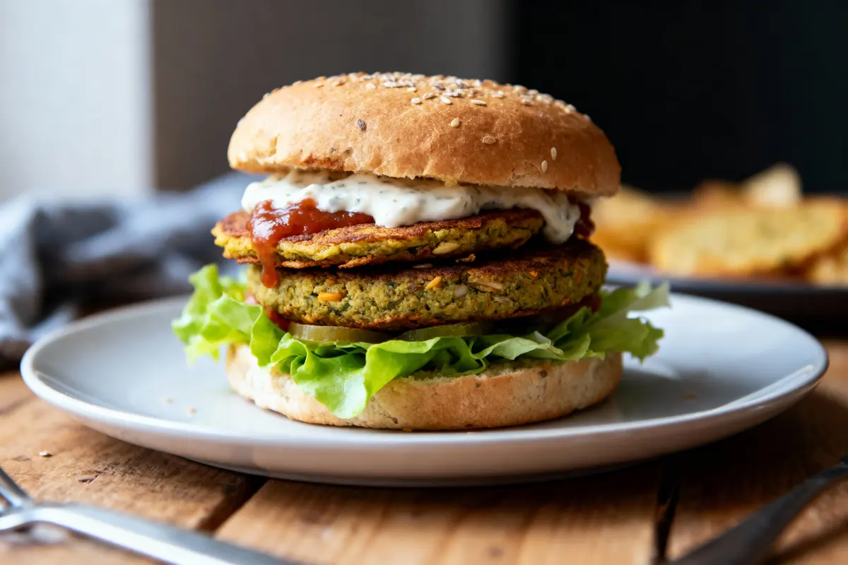 Burger végétarien avec salade, sauce tomate et blanche, sur assiette blanche, table en bois, arrière-plan flou.