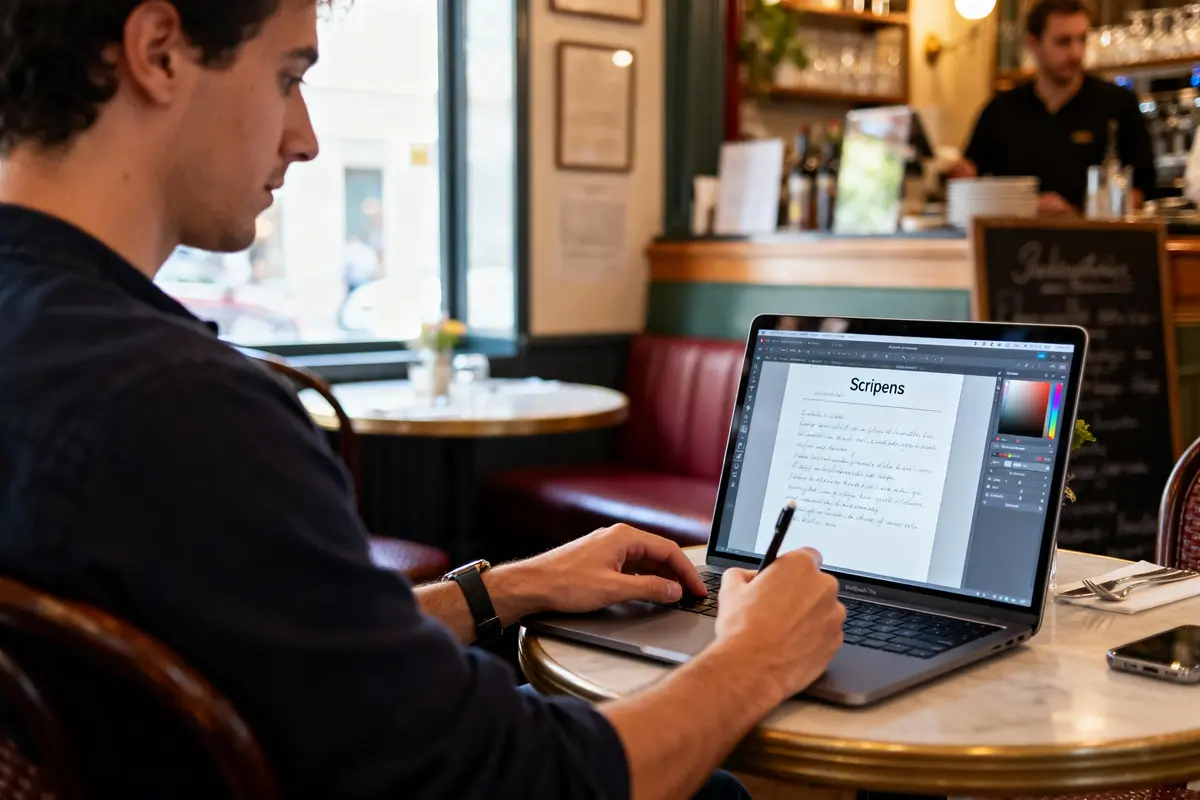 pexels-michal-pech-213601-757318 (1) Homme travaillant sur ordinateur portable dans un café intérieur confortable, avec texte à l'écran et stylos.