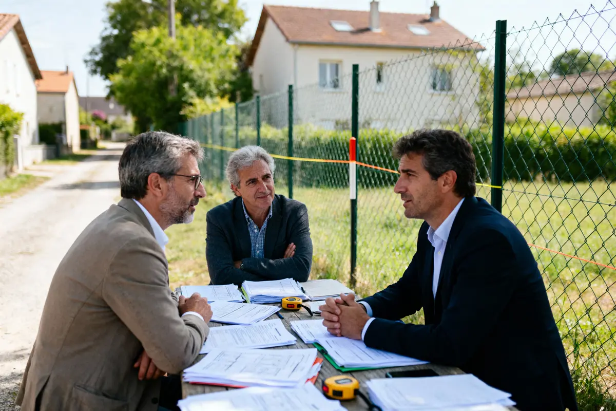 pexels-michal-pech-213601-757318 (1) Trois hommes discutent autour de documents, dehors, près d'une clôture et maisons. Table avec dossiers.