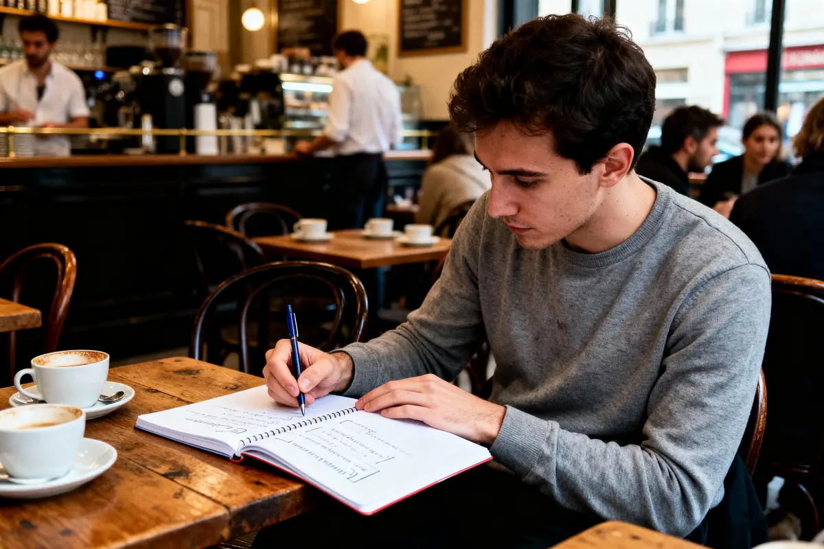 pexels-michal-pech-213601-757318 (1) Un homme écrit dans un carnet dans un café animé, avec des boissons sur la table.
