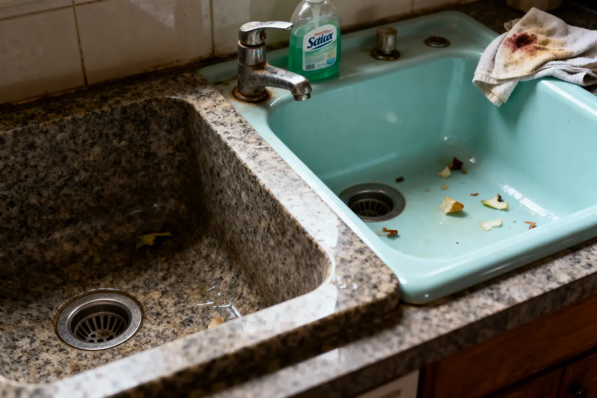 Deux éviers, un granit et un turquoise, déchets alimentaires, éponge sale, liquide vaisselle en arrière-plan.