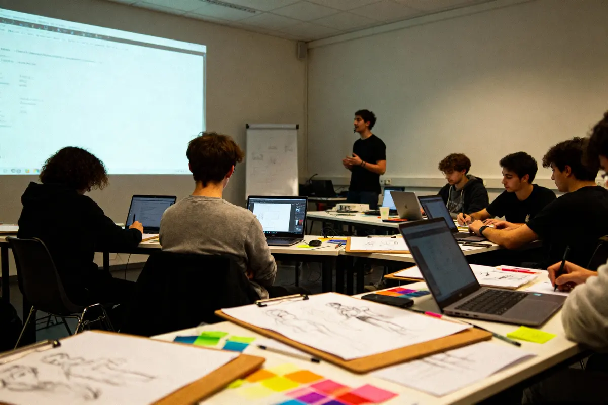 pexels-michal-pech-213601-757318 (1) Salle de classe avec étudiants utilisant ordinateurs portables, écoutant un enseignant près d'un projecteur et tableau blanc.