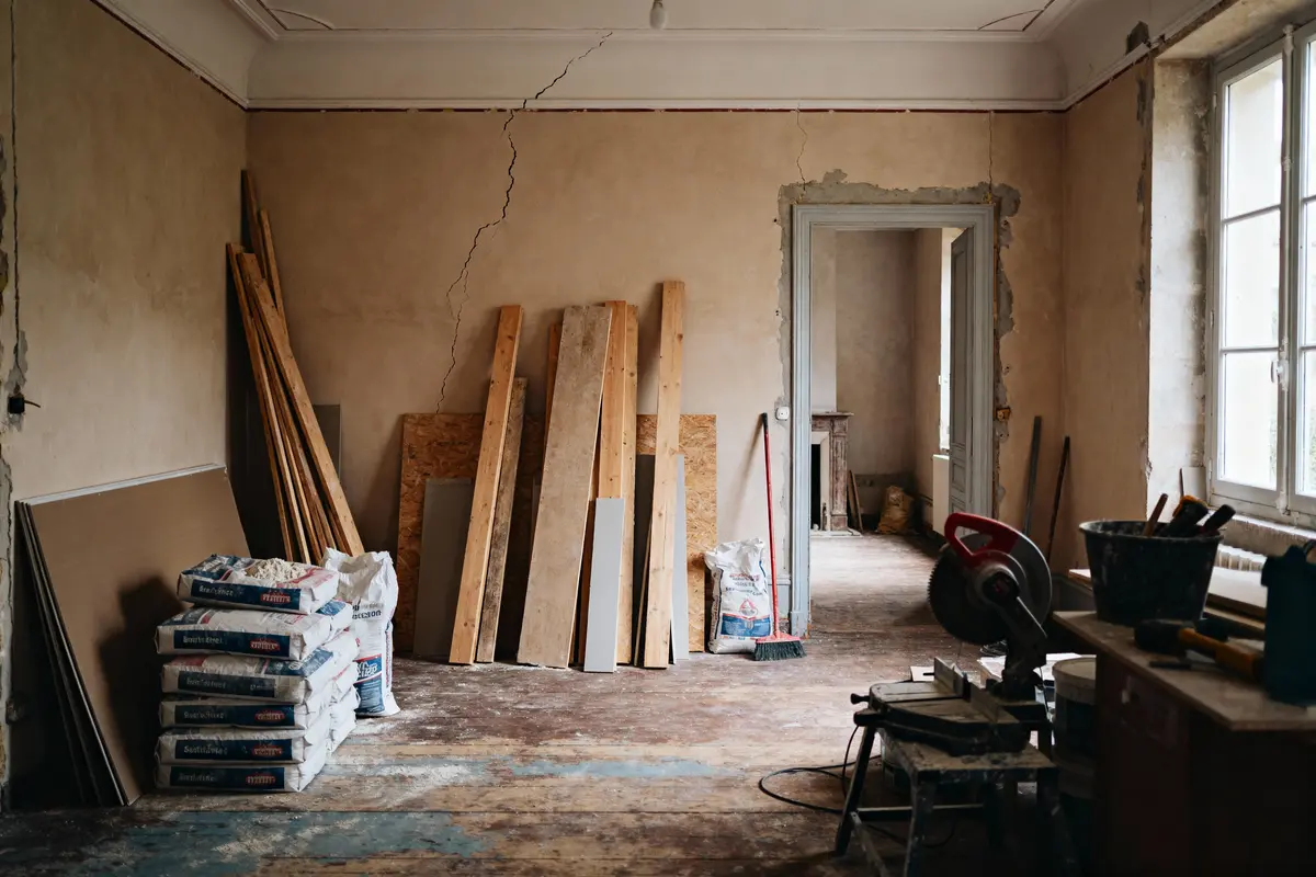 Salle en rénovation avec matériaux de construction, murs fissurés, planches, sacs rapidement empilés et outils divers.