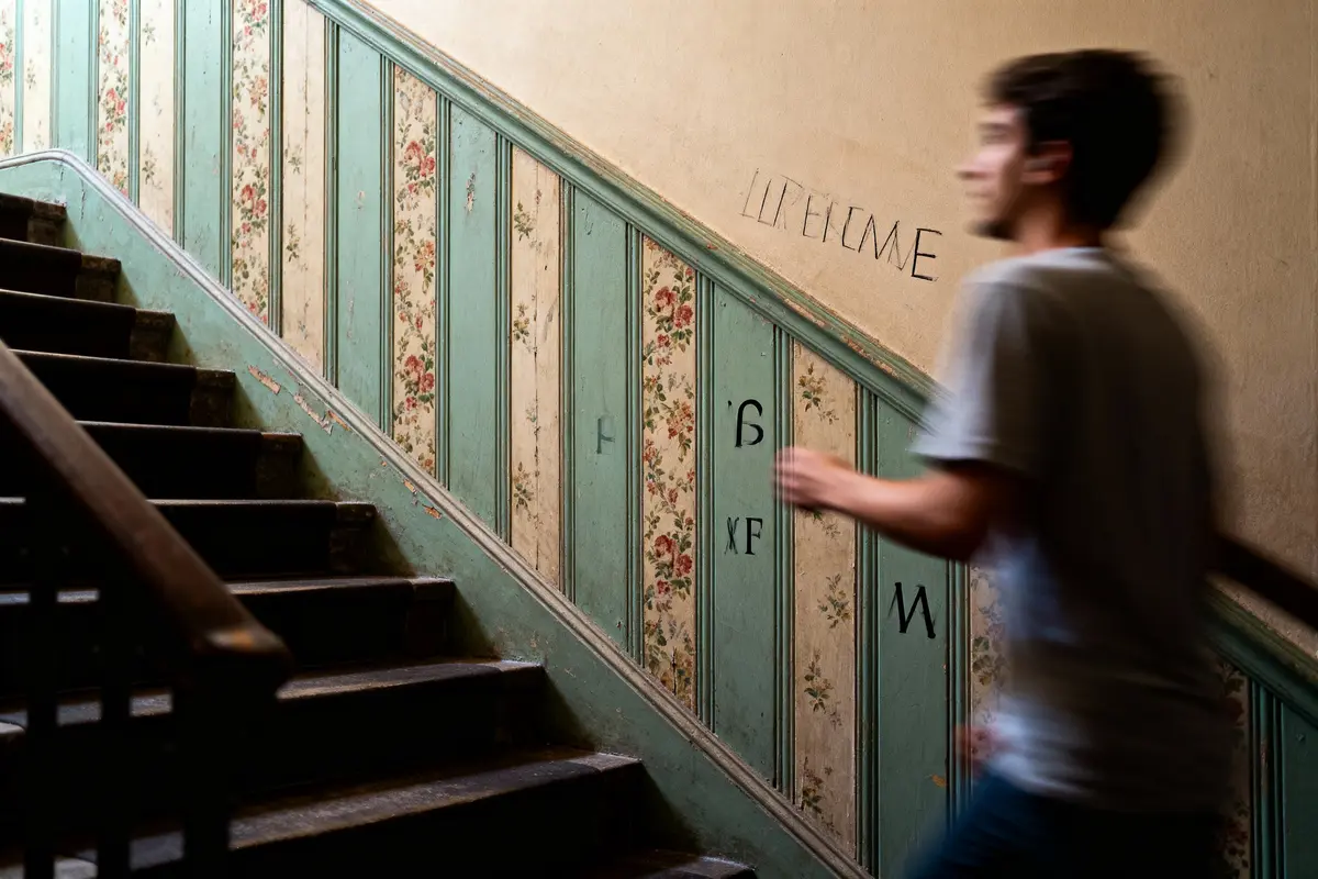 pexels-michal-pech-213601-757318 (1) Homme flou montant escalier avec mur fleuri vintage, lettres noires peintes.