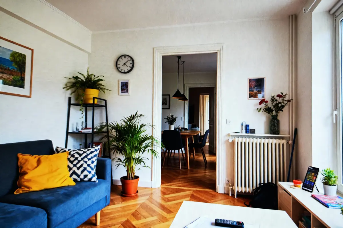 pexels-michal-pech-213601-757318 (1) Salon lumineux avec canapé bleu, plantes, table basse, étagère, horloge murale, vue sur salle à manger.