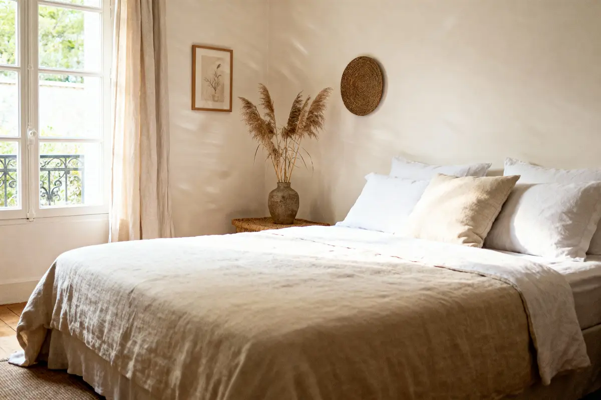 pexels-michal-pech-213601-757318 (1) Chambre lumineuse avec lit beige, oreillers blancs, vase de plantes, fenêtre ensoleillée et décoration murale minimaliste.