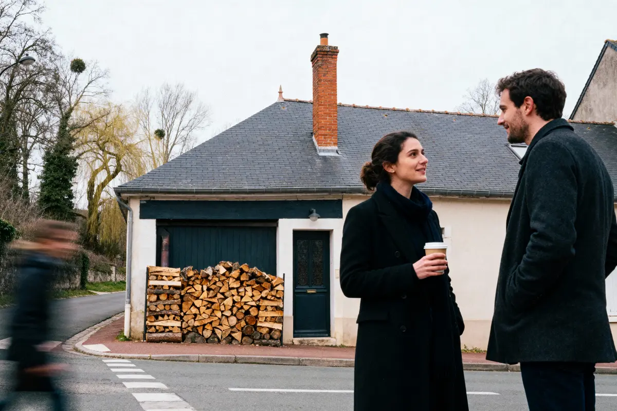 pexels-michal-pech-213601-757318 (1) Deux personnes discutent devant une maison avec cheminée, tas de bois, passante floue en avant-plan.