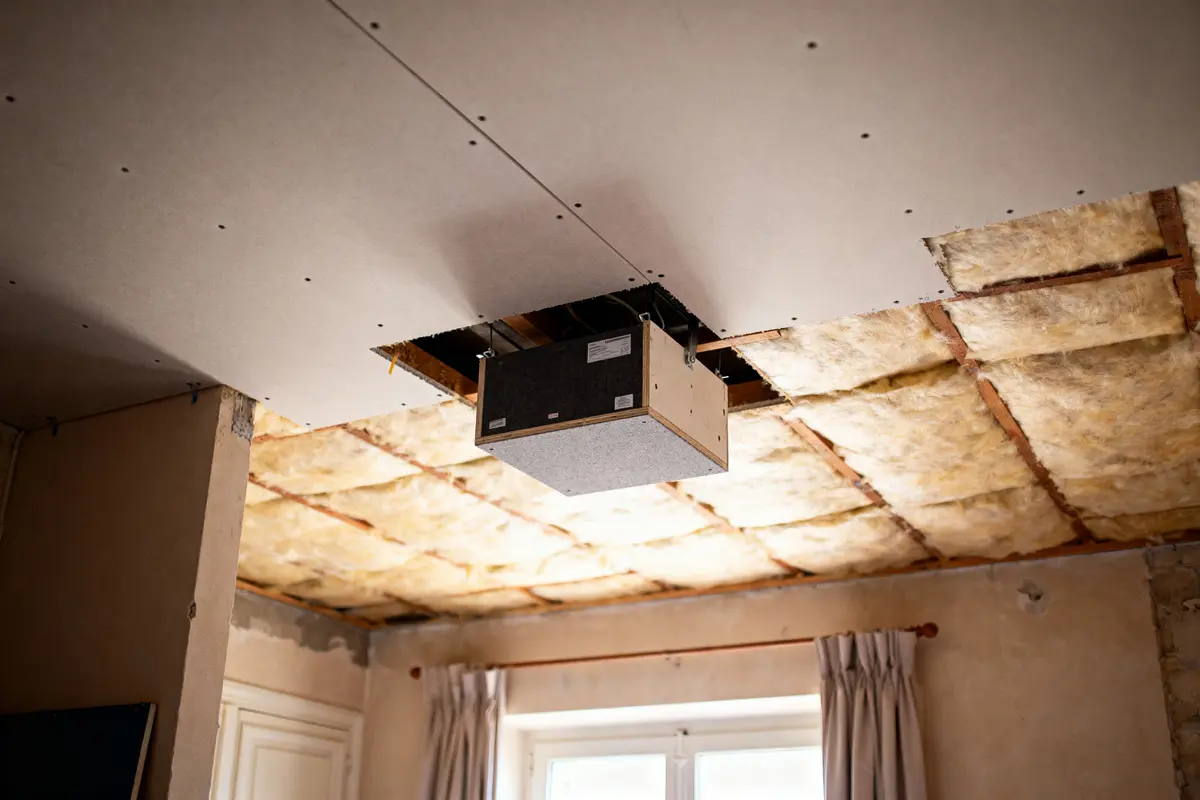 pexels-michal-pech-213601-757318 (1) Plafond en rénovation avec appareil de ventilation installé, isolation visible, et lumière naturelle entrant par la fenêtre.
