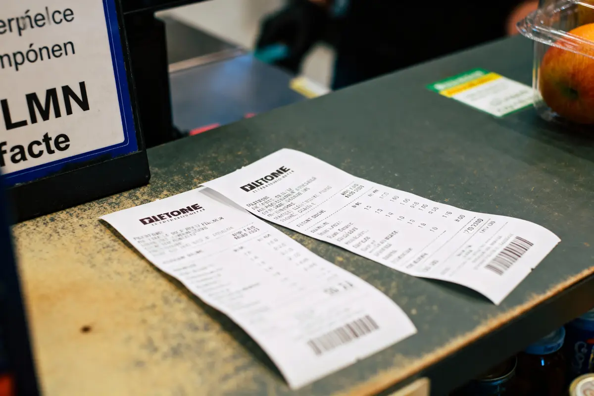 pexels-michal-pech-213601-757318 (1) Deux tickets de caisse sur un comptoir, avec fruits en arrière-plan et textes visibles.