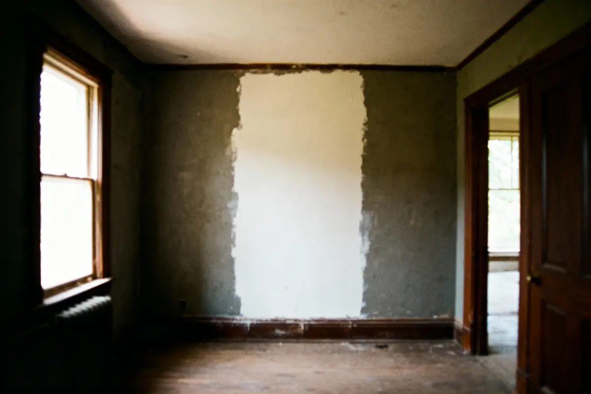 pexels-michal-pech-213601-757318 (1) Chambre vide avec mur partiellement peint, fenêtre à gauche, porte à droite, plancher en bois.