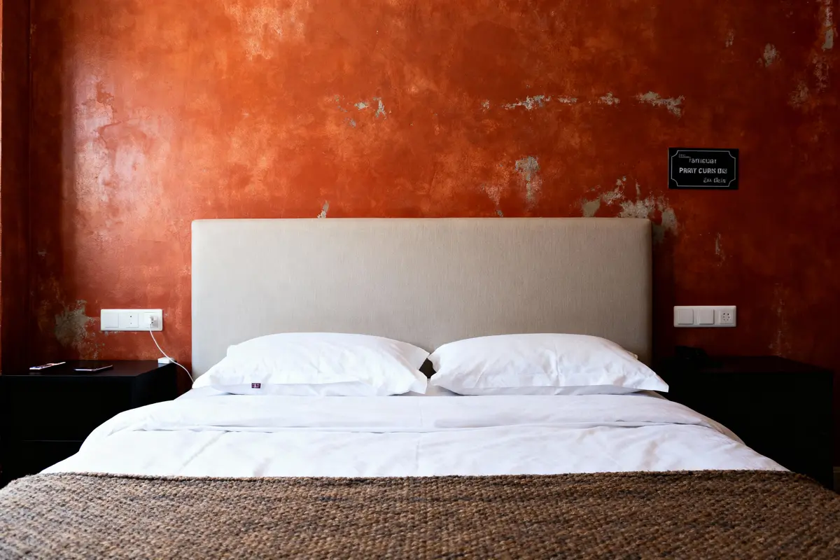 pexels-michal-pech-213601-757318 (1) Lit avec tête de lit beige, mur texturé orange, chevets et prises électriques visibles.