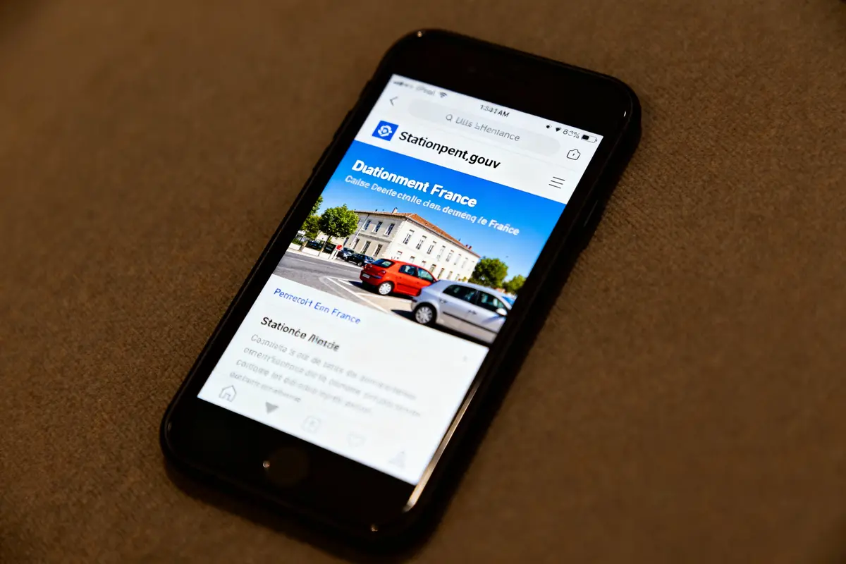Un smartphone affiche une page web gouvernementale française sur le stationnement, avec une photo de voitures garées.