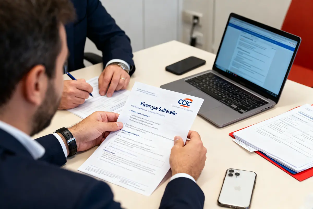 pexels-michal-pech-213601-757318 (1) Deux hommes discutent d'un document "Épargne Salariale" devant un ordinateur portable.