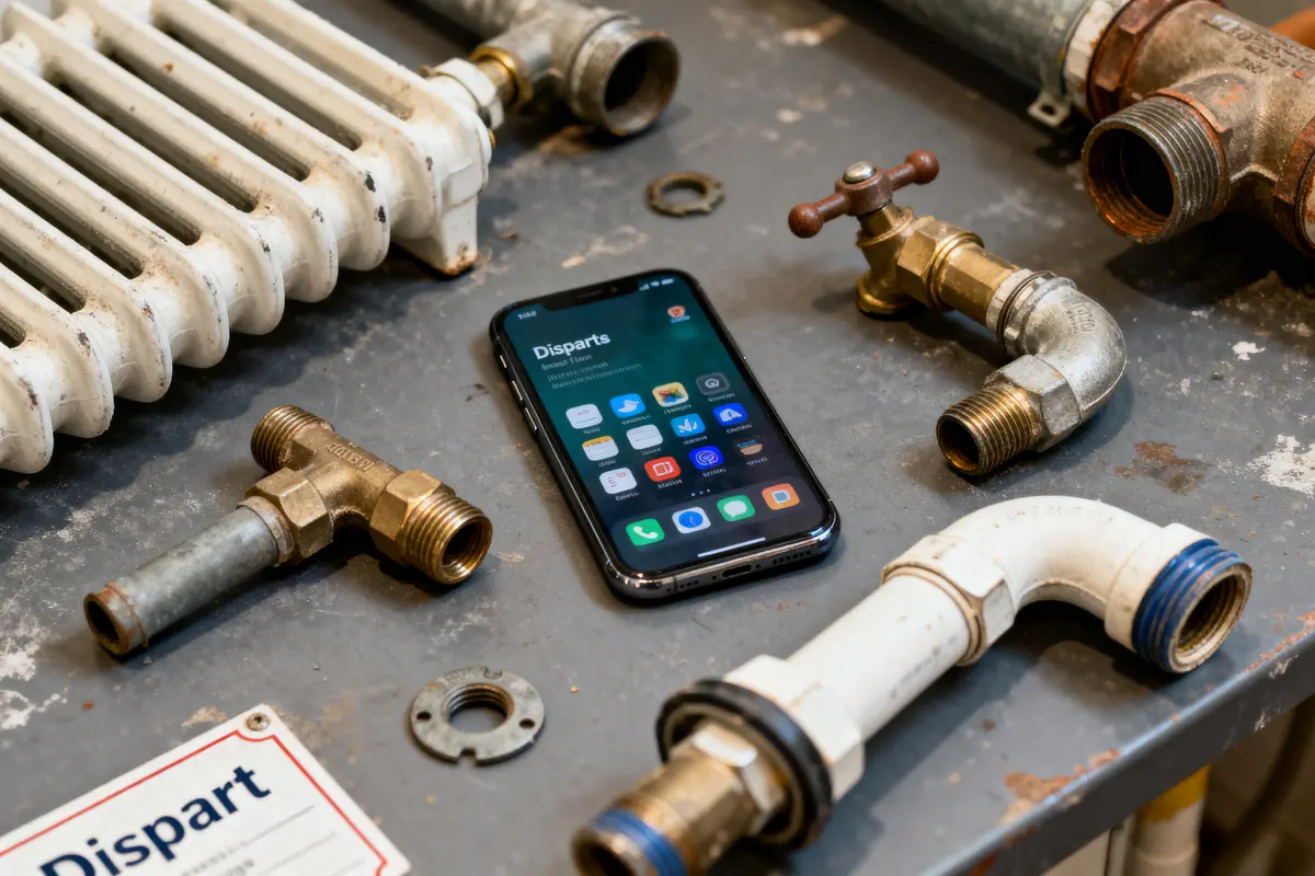 pexels-michal-pech-213601-757318 (1) Smartphone avec applications, entouré de pièces de plomberie, sur une surface métallique grise.
