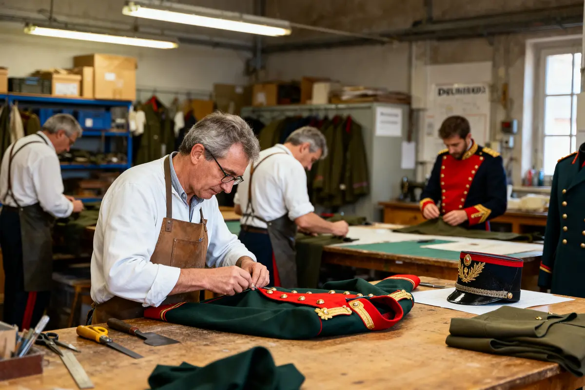 pexels-michal-pech-213601-757318 (1) Atelier de couture militaire, plusieurs tailleurs travaillent sur des uniformes avec boutons dorés et broderies.