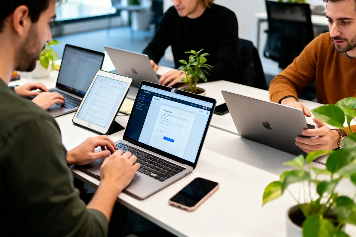 pexels-michal-pech-213601-757318 (1) Quatre personnes travaillent sur des ordinateurs portables autour d'une table, entourées de petites plantes vertes.