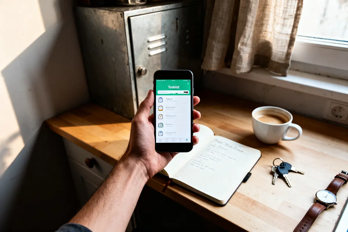 pexels-michal-pech-213601-757318 (1) Homme tenant téléphone avec Todoist, carnet, café, clés et montre sur table en bois près de fenêtre.