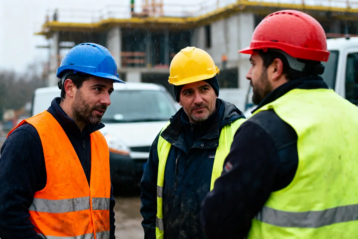 pexels-michal-pech-213601-757318 (1) Trois ouvriers en chantier, portant casques colorés et gilets fluorescents, discutent sous la pluie.
