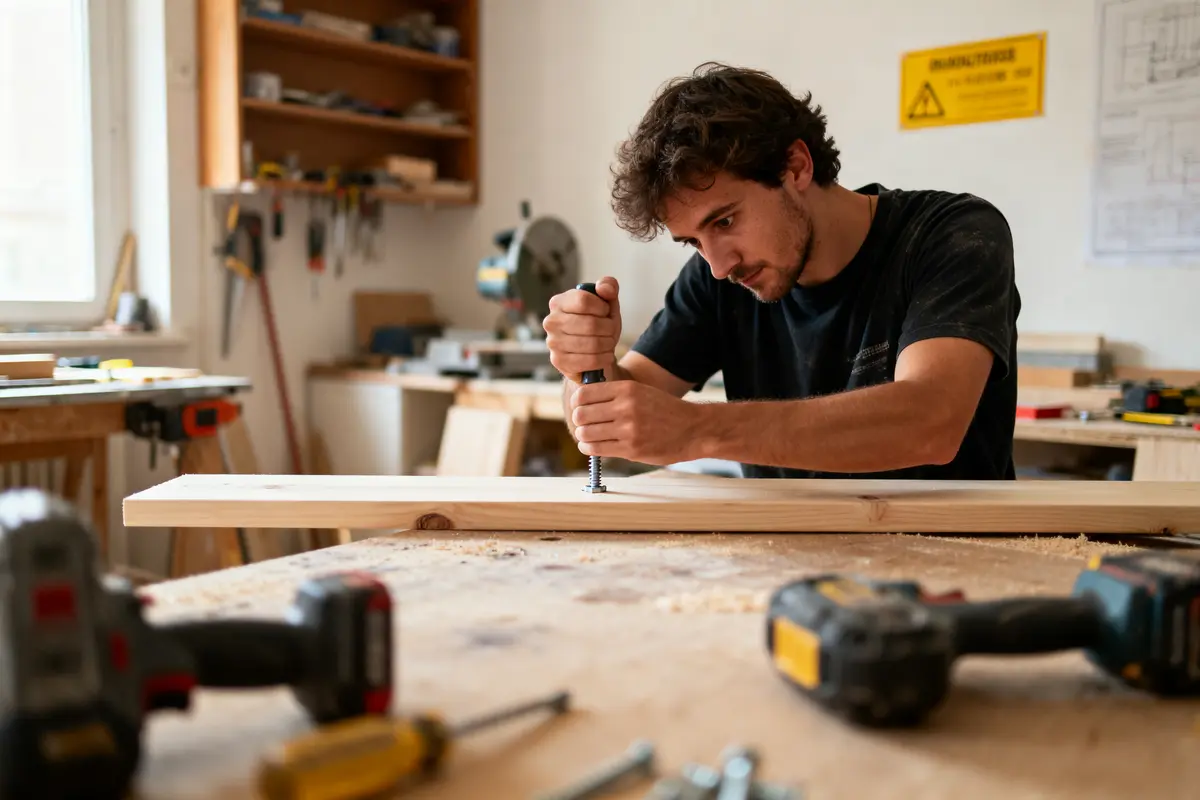 pexels-michal-pech-213601-757318 (1) Jeune homme concentré perçant du bois dans un atelier de menuiserie, outils et étagères visibles en arrière-plan.