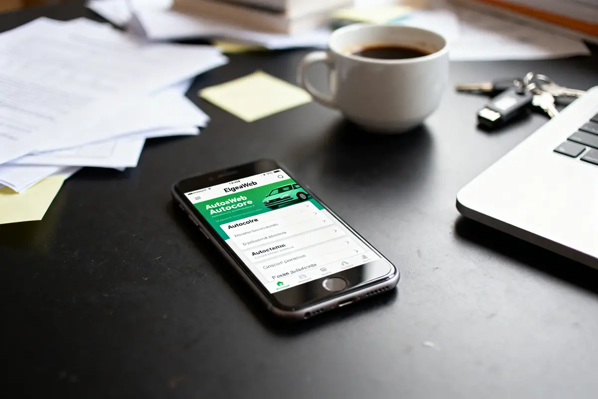pexels-michal-pech-213601-757318 (1) Smartphone affichant site AutoWeb Autocore sur bureau avec documents, café, clés et ordinateur portable.