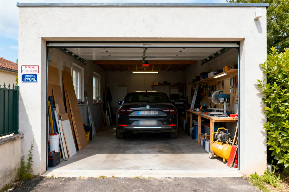 pexels-michal-pech-213601-757318 (1) Garage avec voiture noire, établi à outils, planches de bois, compresseur jaune, enseigne, lumière allumée.
