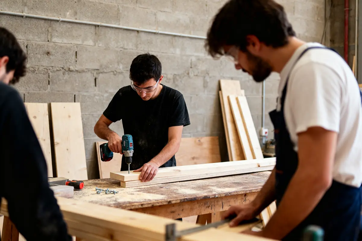 Trois personnes travaillent le bois dans un atelier, utilisant une perceuse et des planches autour d'une table.