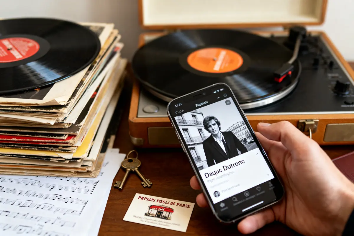 Tourne-disque avec vinyles, main tenant un smartphone, clavier de partition, clés, carte de visite sur table en bois.