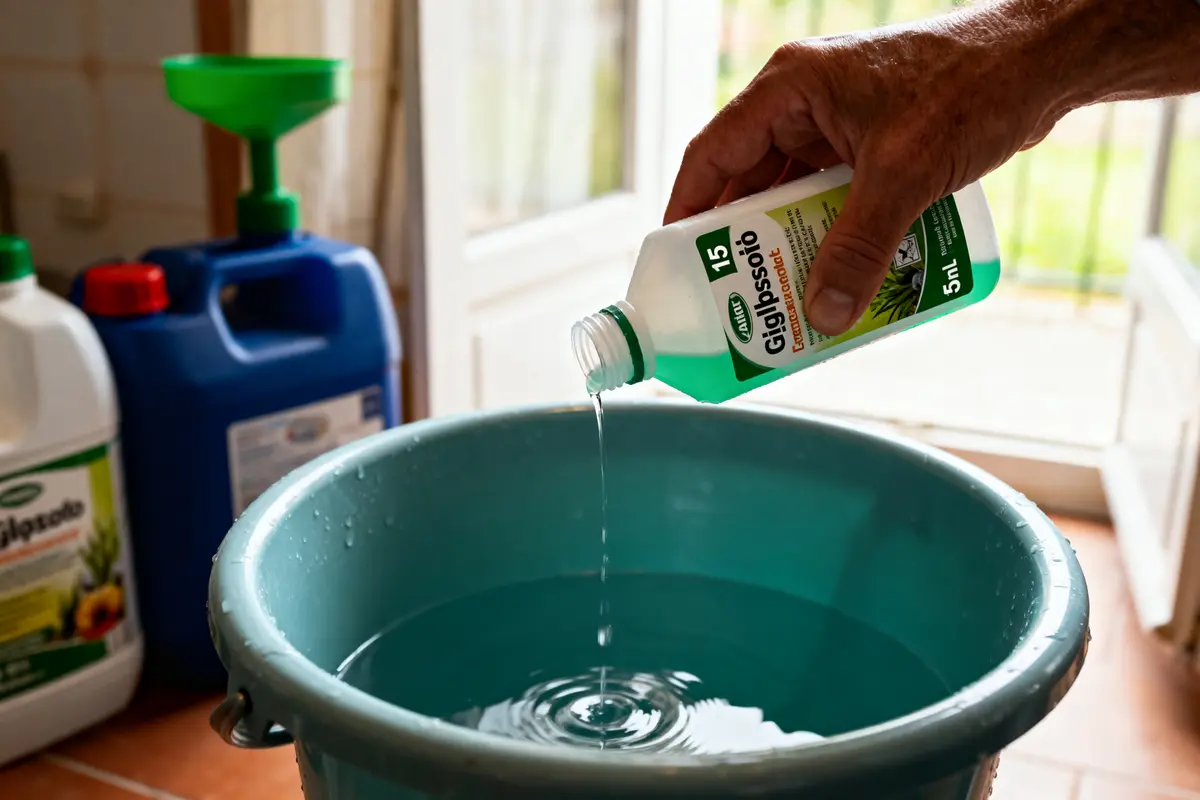 pexels-michal-pech-213601-757318 (1) Une main verse du liquide vert dans un seau bleu avec des bidons en arrière-plan.
