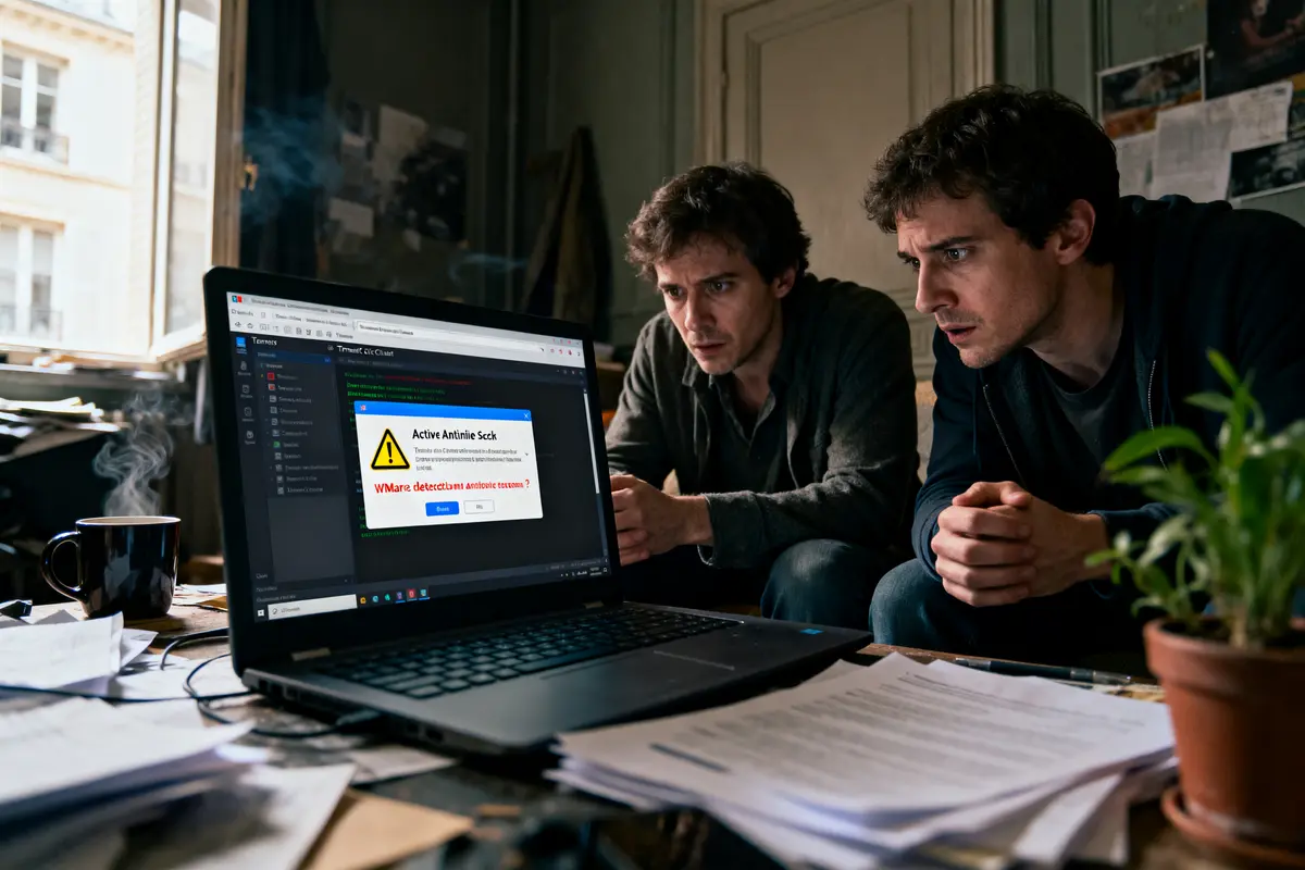 pexels-michal-pech-213601-757318 (1) Deux hommes concentrés regardent un ordinateur portable affichant un message d'avertissement, cigarette et documents à côté.