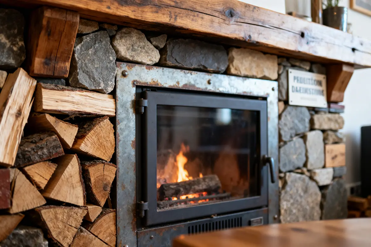 Cheminée moderne en pierre avec feu, bois empilé à gauche, ambiance chaleureuse et rustique.