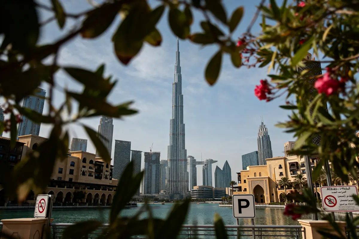 pexels-michal-pech-213601-757318 (1) Vue du Burj Khalifa à travers des feuillages, avec des gratte-ciel et un lac au premier plan.