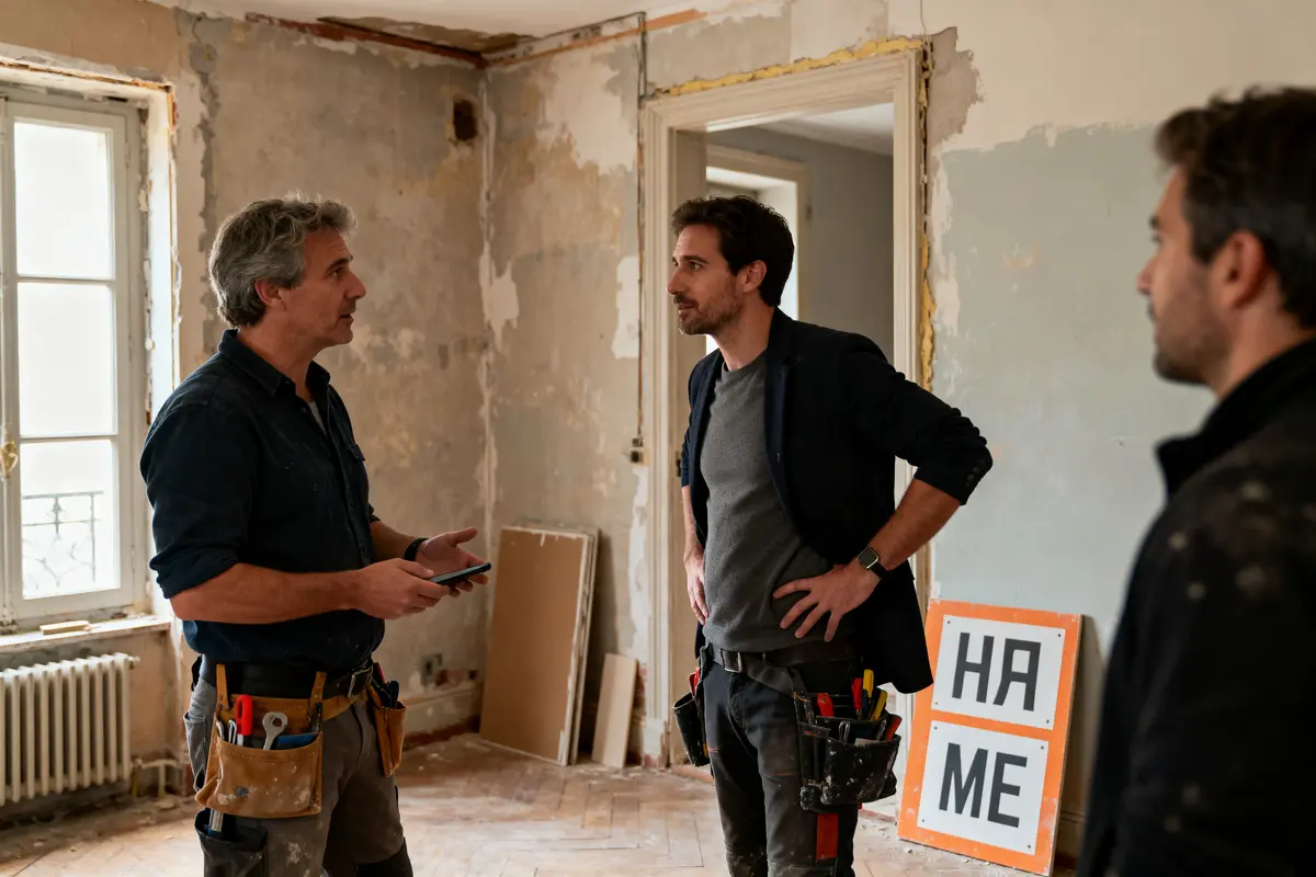 pexels-michal-pech-213601-757318 (1) Trois hommes discutent dans une pièce en rénovation avec murs abîmés, outils visibles et panneau "HA ME".