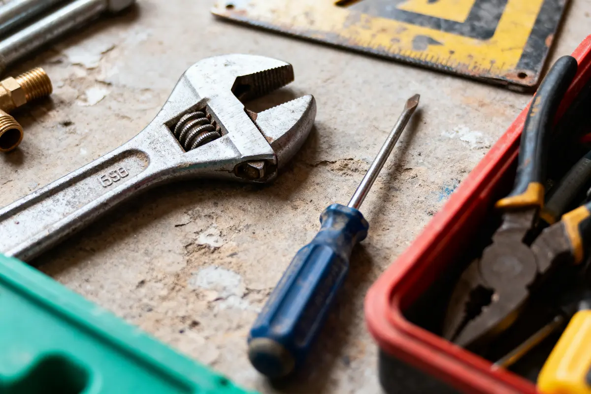 Clé anglaise, tournevis, et outils divers sur une surface de travail avec boîte à outils rouge.