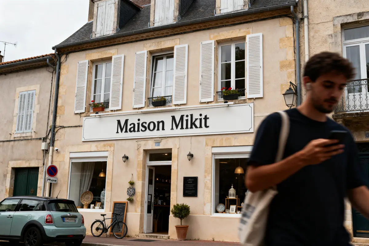 Façade de Maison Mikit avec homme marchant, voiture garée et vélo devant.