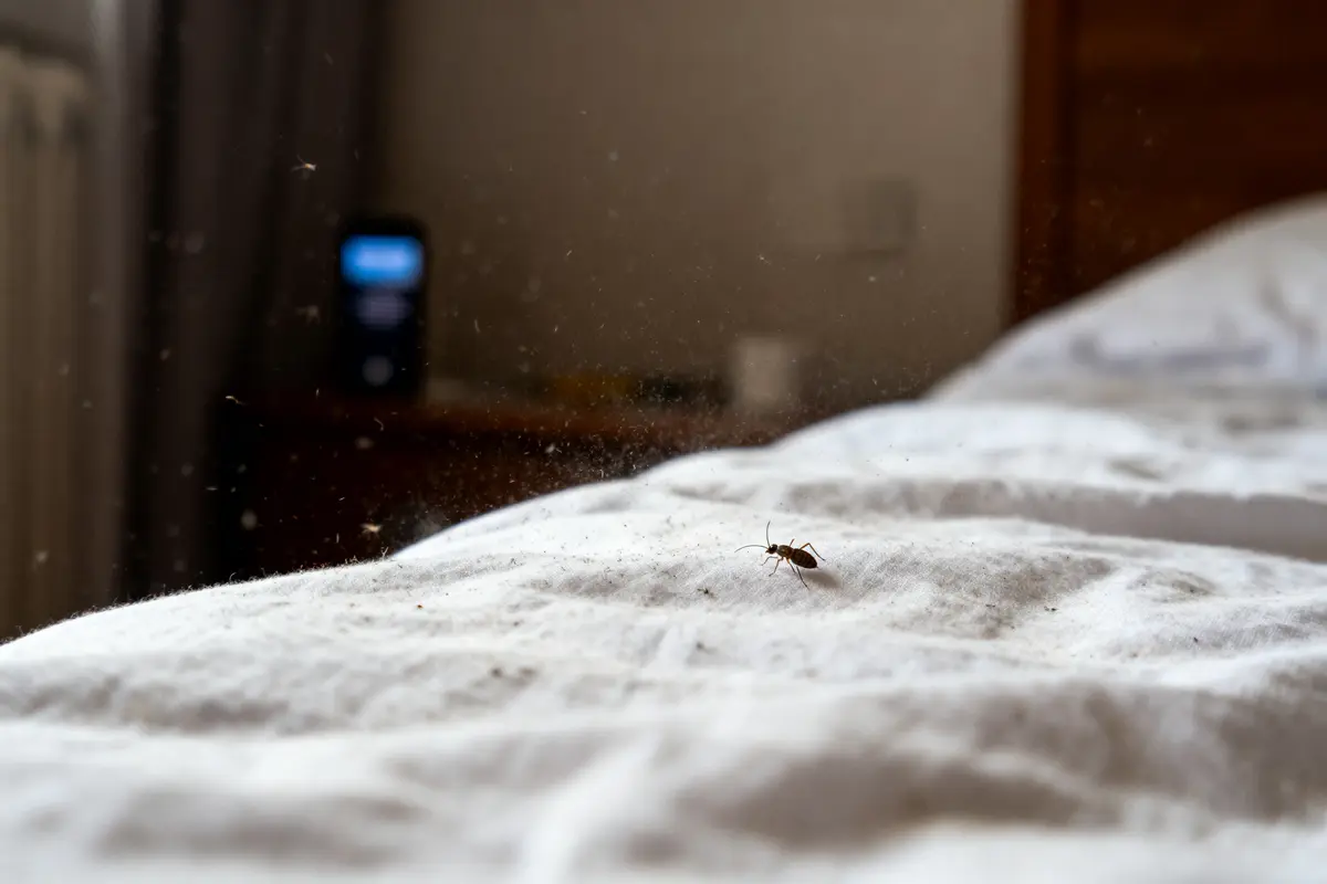 pexels-michal-pech-213601-757318 (1) Insecte minuscule sur drap blanc, en chambre, avec téléphone flou à l'arrière-plan. Poussière visible en suspension.
