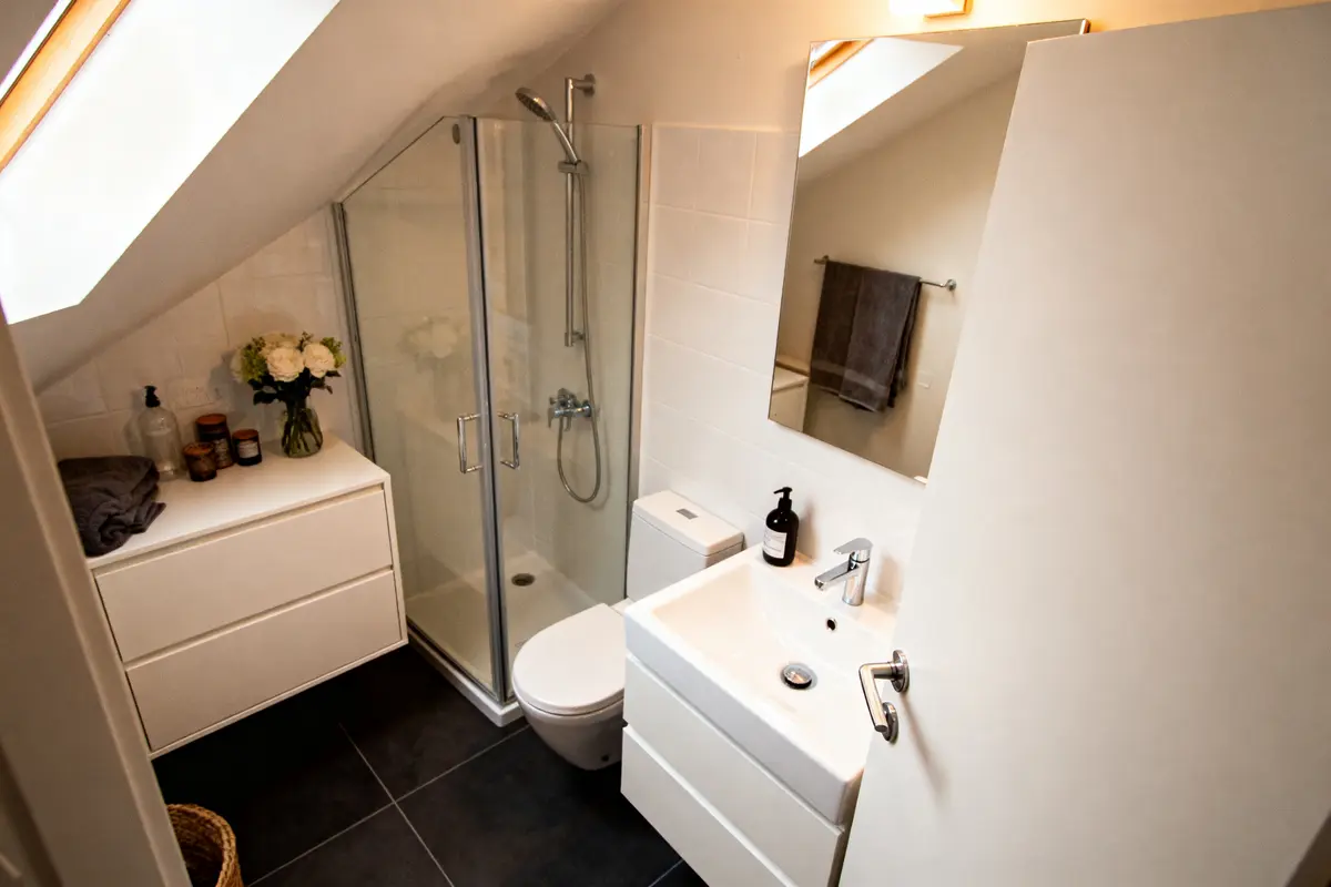 pexels-michal-pech-213601-757318 (1) Petite salle de bain moderne avec douche vitrée, lavabo, WC et meuble de rangement sous combles. Lumineuse et minimaliste.