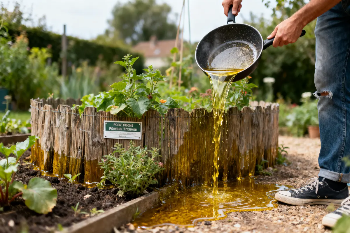 pexels-michal-pech-213601-757318 (1) Personne versant liquide jaune d'une casserole dans un jardin avec panneau en bois, plantes vertes autour.