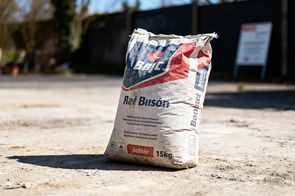 pexels-michal-pech-213601-757318 (1) Sac de ciment "Bat Bison" de 15 kg sur sol extérieur ensoleillé.