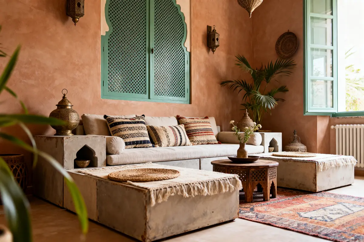 pexels-michal-pech-213601-757318 (1) Salon marocain avec canapé beige, coussins colorés, tables en bois, grande fenêtre ouverte et plantes vertes.