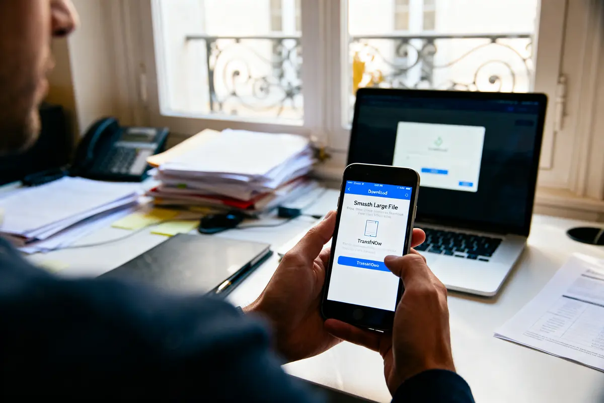 pexels-michal-pech-213601-757318 (1) Personne utilisant smartphone pour transférer des fichiers, ordinateur portable et bureau avec dossiers en arriÚre-plan.