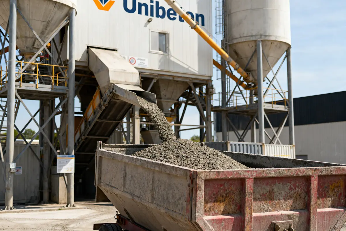 Camion recevant du béton sous un silo d’une centrale Unibéton, équipement industriel visible en arrière-plan.