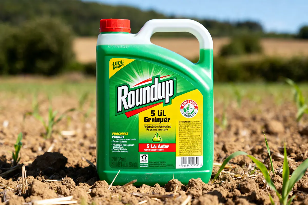 pexels-michal-pech-213601-757318 (1) Bidon de Roundup dans un champ affichant le dosage de Roundup pour 5 litres d'eau
