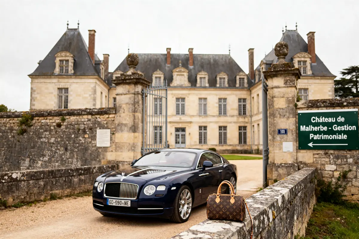 pexels-michal-pech-213601-757318 (1) Voiture et sac à main devant château illustrant fortune d'Apolline de Malherbe