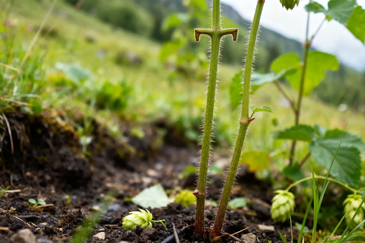 pexels-michal-pech-213601-757318 (1) Jeunes pousses de houblon sauvage et cônes verts en croissance sur sol forestier.