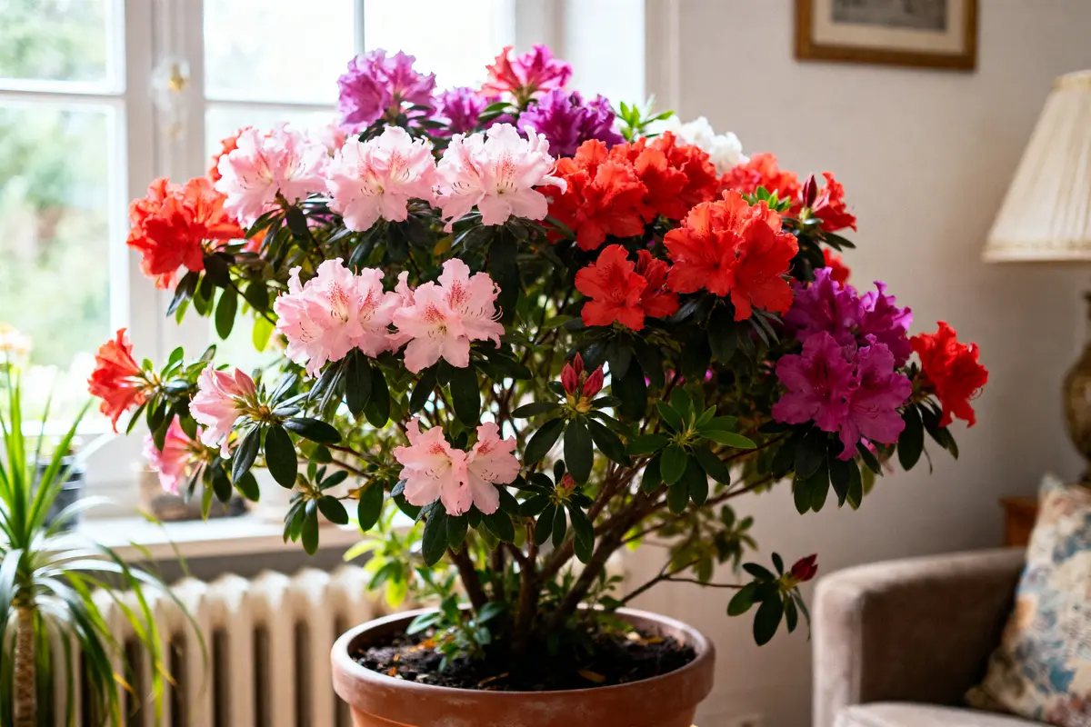 pexels-michal-pech-213601-757318 (1) Rhodo simsii en pot avec fleurs colorées, intérieur lumineux et fenêtre.