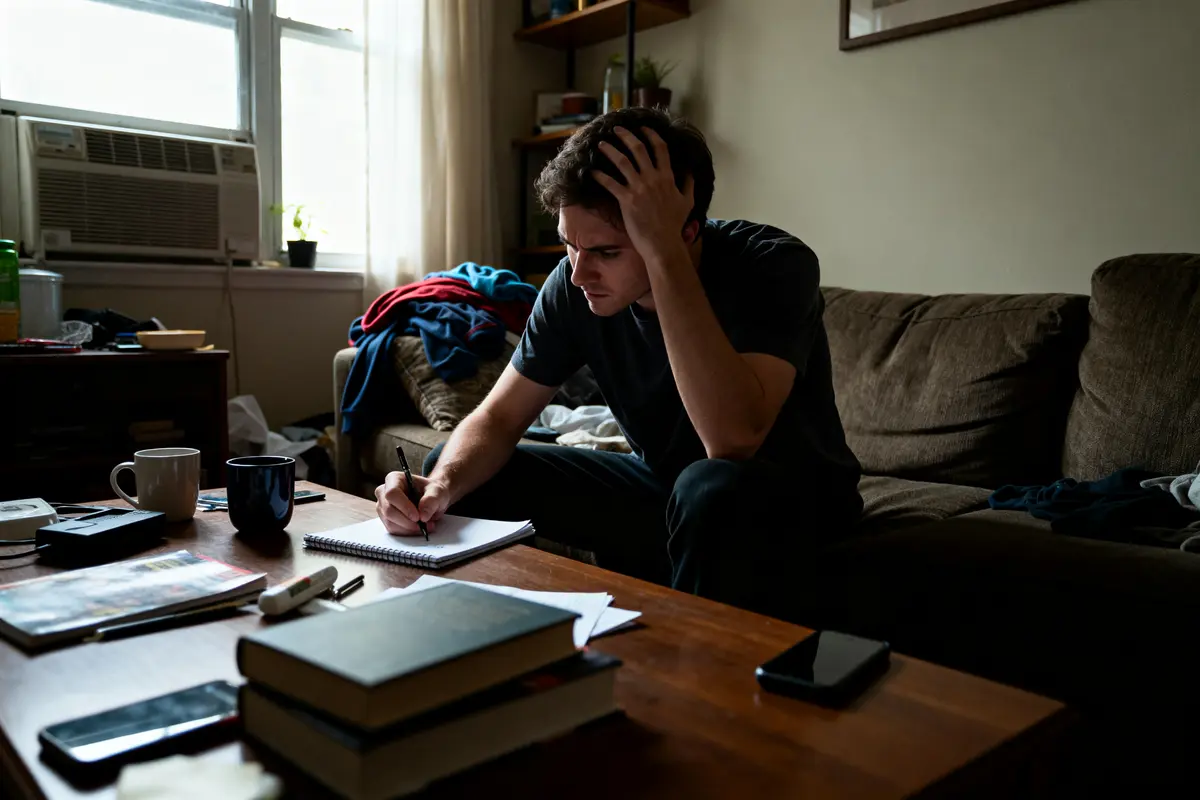 pexels-michal-pech-213601-757318 (1) Jeune homme stressé écrivant des stratégies pour se venger du bruit d'un appartement du dessus