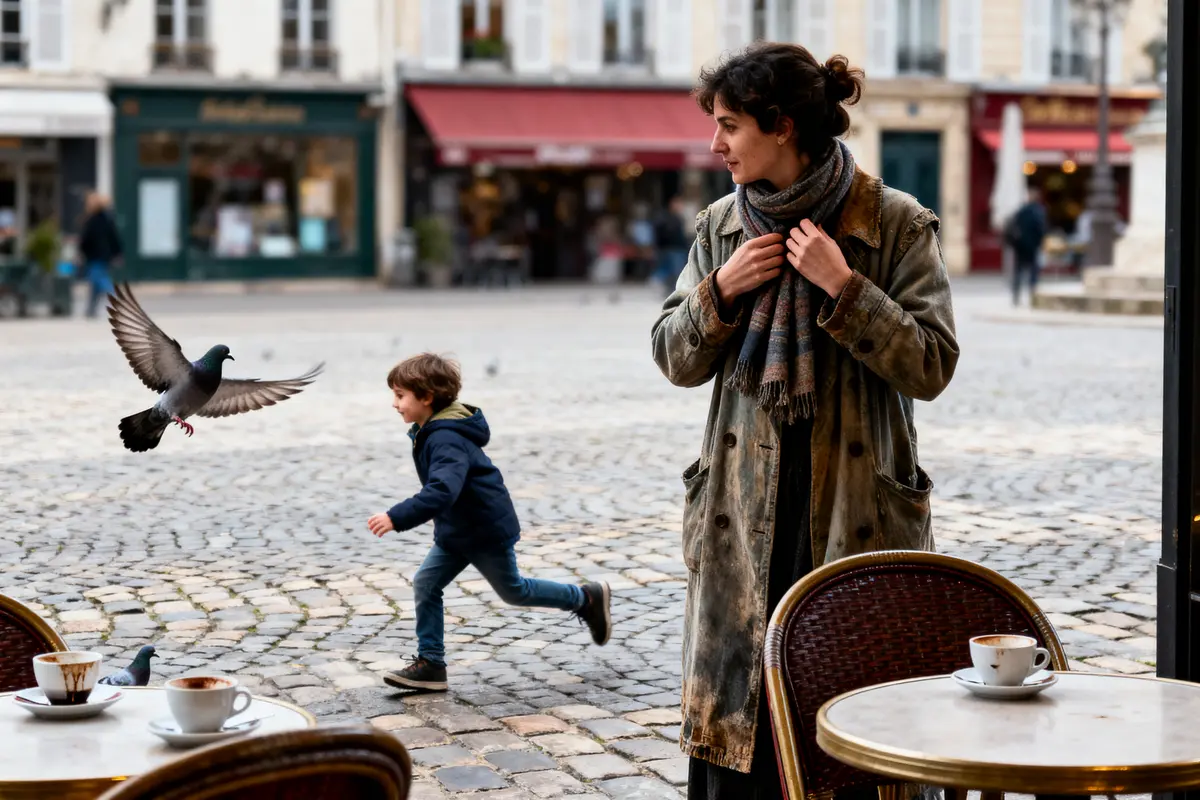 pexels-michal-pech-213601-757318 (1) Enfant courant derrière un pigeon, femme observant, café en terrasse, rue pavée, scène de ville animée.
